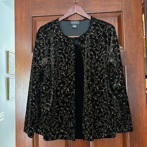 Elementz Black Velvet Gold Burnout Open Front Jacket Top XL